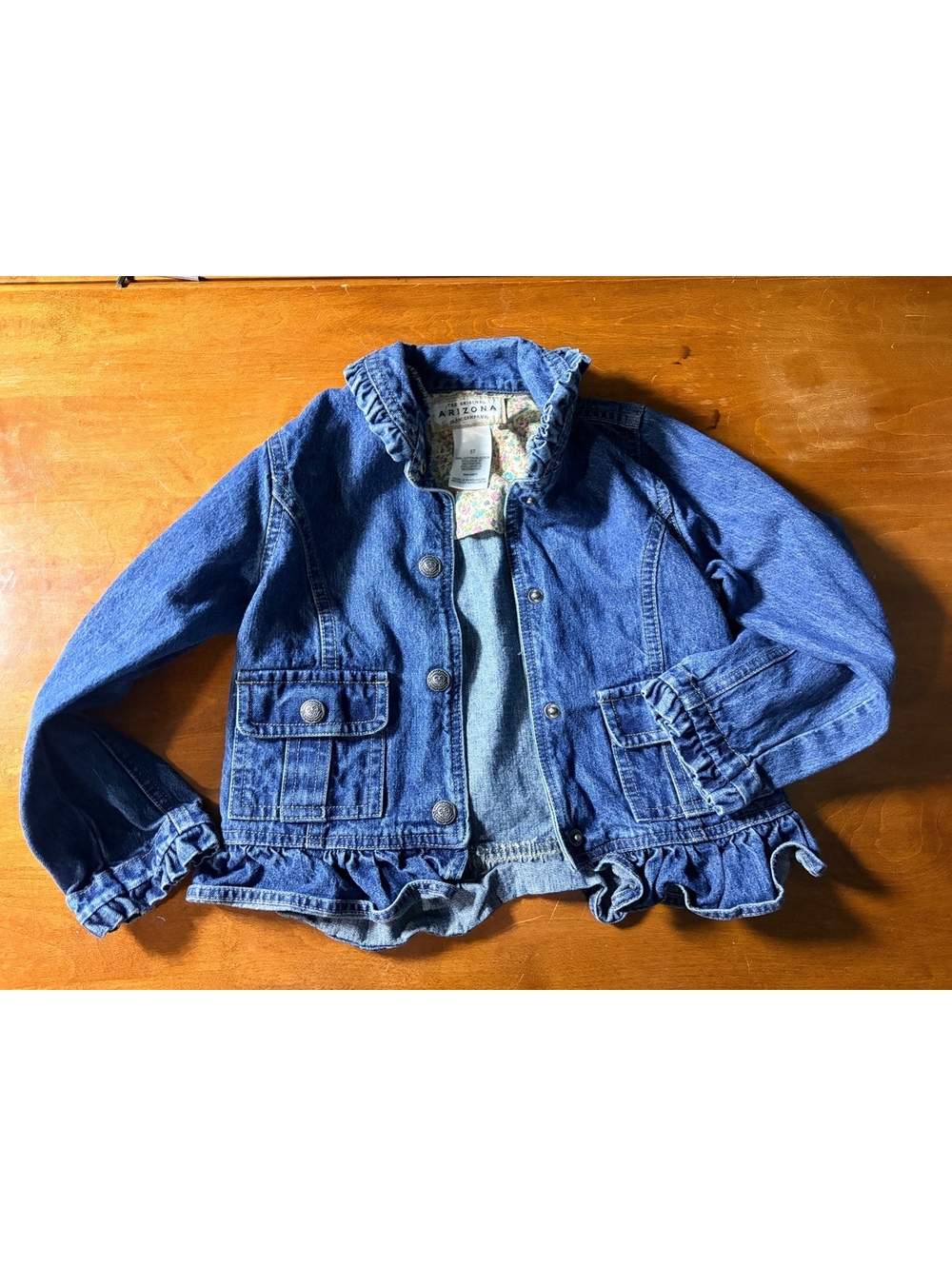 Vintage Girls Blue Denim Ruffle Hem Jacket Size 5T Floral Lining
